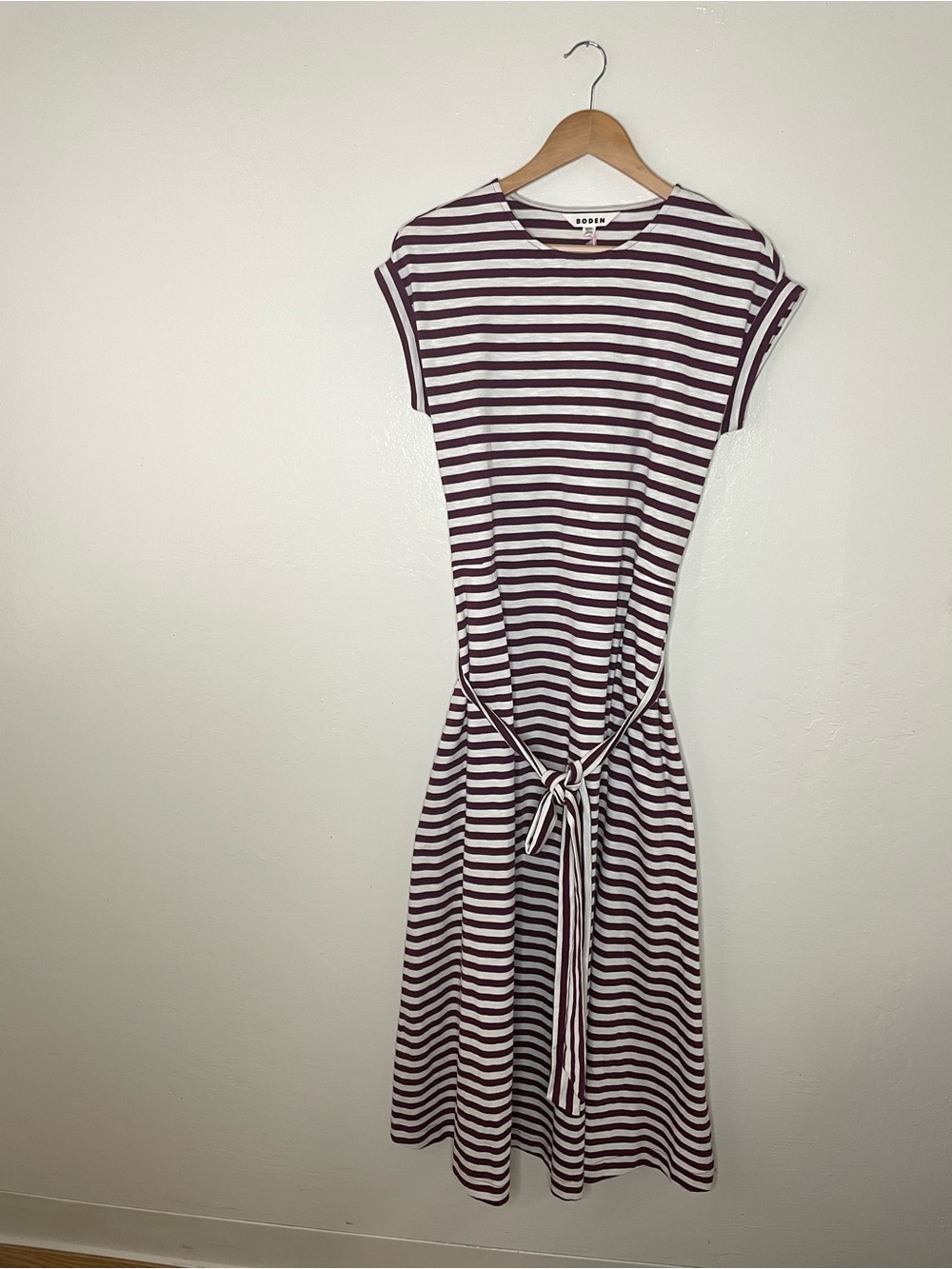 Boden Striped Tie-Waist Dress in Maroon and White